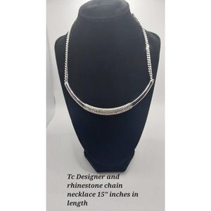 Silvertone Rhinestone Chain Necklace 15" Crescent Shape Tc Design
